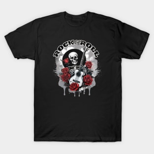 Skeleton ,Guitar and Roses - Rock and Roll T-Shirt